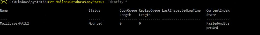 Outlook не ищет в поиске новые письма. Проблема с индексацией Exchange: ContentIndexLength FailedAndSuspended 2022 03 14 14 41 50 1024x139 - Outlook не ищет в поиске новые письма. Проблема с индексацией Exchange: ContentIndexLength FailedAndSuspended